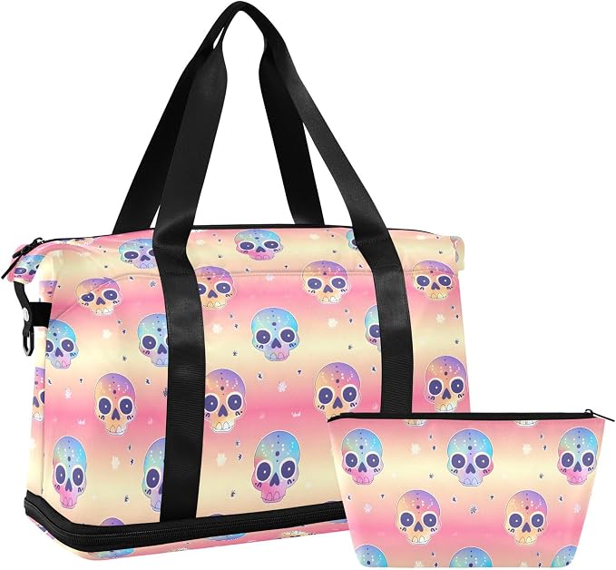 Travel Duffel Tote Bag Cute Skull Head Sports Duffel Bag with Wet Pocket Weekender Overnight Bag for Women Men Gym Bag, Carry On Bag Hospital Bag for Labor and Delivery - Image 7