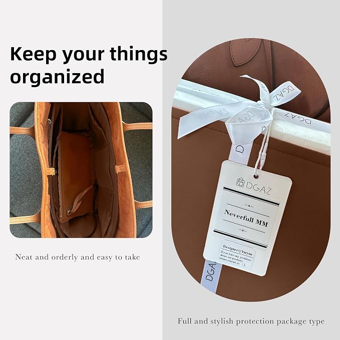 DGAZ Purse Organizer Insert Fits Neverfull-Mini/PM/MM/GM Bags,Silk Bag Organizer,Luxury Handbag & Tote Shaper(MM, Gold) | Soft and Lightweight,Perfect Fit,Multi-pocket Storage,Bag Protector,Luxury Bag Care,Handmade,for Smooth Bag Organizer - Image 8