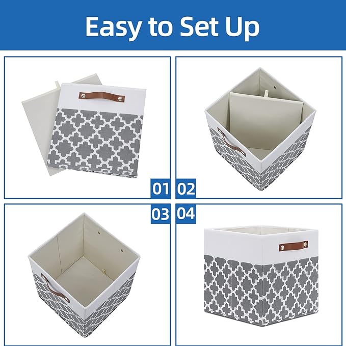 Temary 12x12x12 Fabric Storage Bins 4 Pack with Leather Handle, Foldable Cubes Storage Box Baskets for Closet, Shelf (White&Lattice) - Image 7