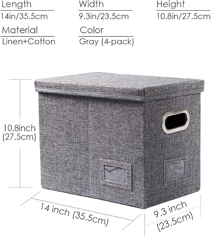 File Organizer Box - Set of 4 Collapsible Decorative Linen Filing Storage Hanging File Folders with Lids Office Cabinet Letter Size Grey (14x9.3x10.8 inch) - Image 7