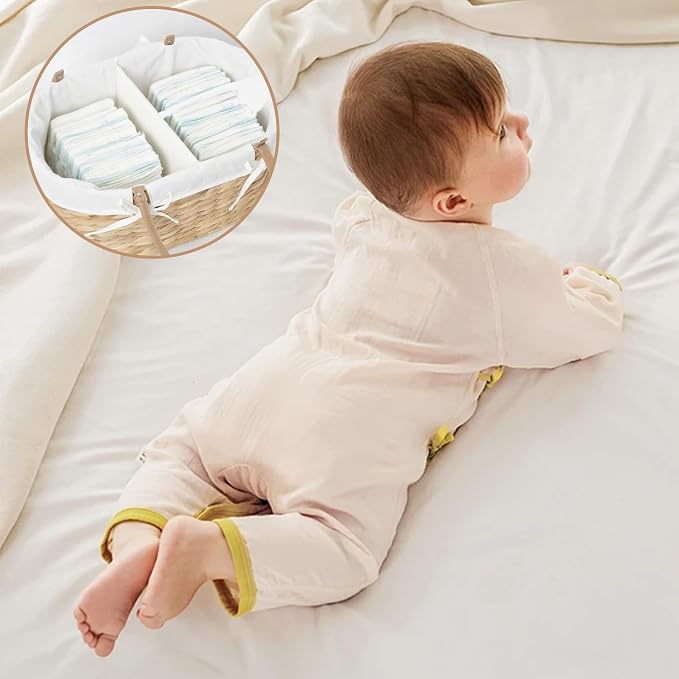Water Hyacinth Diaper Caddy,Woven Baby Organizer for Nursery | Wicker diaper caddy with PU Handles& Detachable Lining for Newborn Bath, clothes,Cute Registry Must Have for Baby Gifts - Image 7