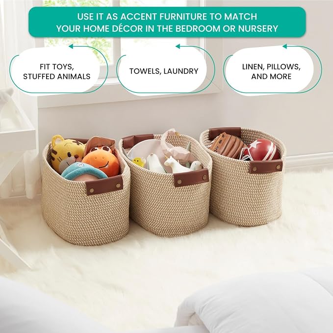 3 Pack Woven Cotton Rope Storage Basket, 15x10x9, Multi-Brown | Faux Leather Handles; Decorative Closet Shelf Organizer; Ideal for Storage & Organization - Image 7