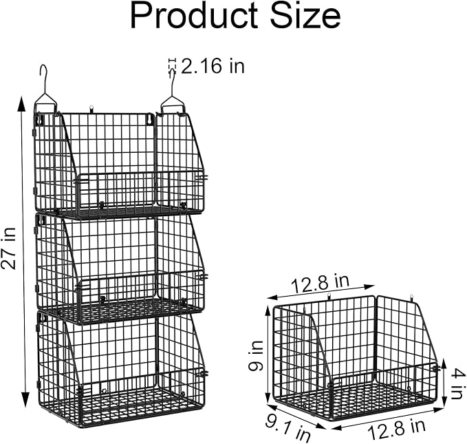 PUPPYCUTE Stackable Wire Storage Baskets for Kitchen Closet Pantry, Hanging Closet Organizers Storage Shelves Organization, Wall Mount Metal Basket Bins, Clothing Vegetable & Fruit Organizer 3 pcs - Image 7
