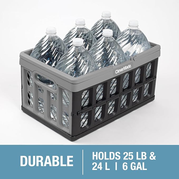 CleverMade Eco Collapsible Shopping Basket with Handles, 24L Stone, 3 Pack | Keep Groceries Upright in the Car | Rigid Walls Carry 25 lb Each, Stack Securely, and Fold to 2.25 Inches for Storage - Image 8