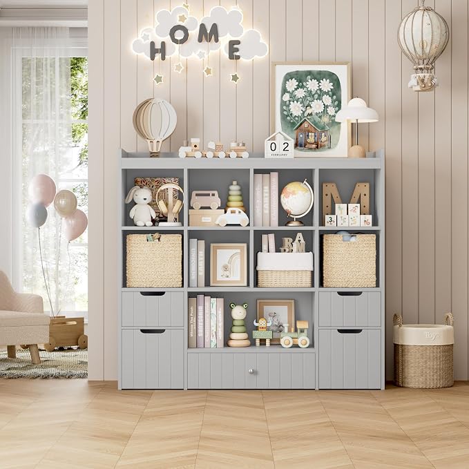HORSTORS 48" W Kids Toy Storage Organizer, Kids Bookshelf w/Storage, Grey | 2 Mobile Toy Boxes & 3 Drawers, Toy Storage Chest with Open Cubbies for Boys and Girls, Kids Bookcase for Playroom, Classroom - Image 8