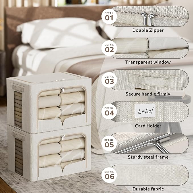 FHSQX 3 Pack Clothes Storage Bins Foldable Metal Frame Storage Box Stackable Linen Fabric Organizer Set with Carrying Handles and Clear Window (Beige, 15.7x11.8x11.8inch(36L)) - Image 6