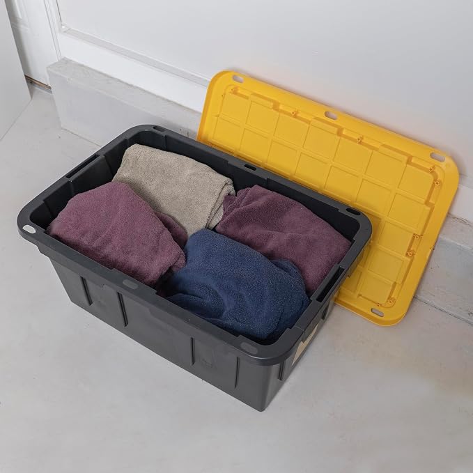 CX Heavy Duty 27-Gallon Stackable Plastic Storage Bins with Lids, 2 Pack | Storage totes for garage organization, Stackable containers, weather-resistant, snap lid, 14.3H x 20.6W x 30.6D, Black/Yellow - Image 8