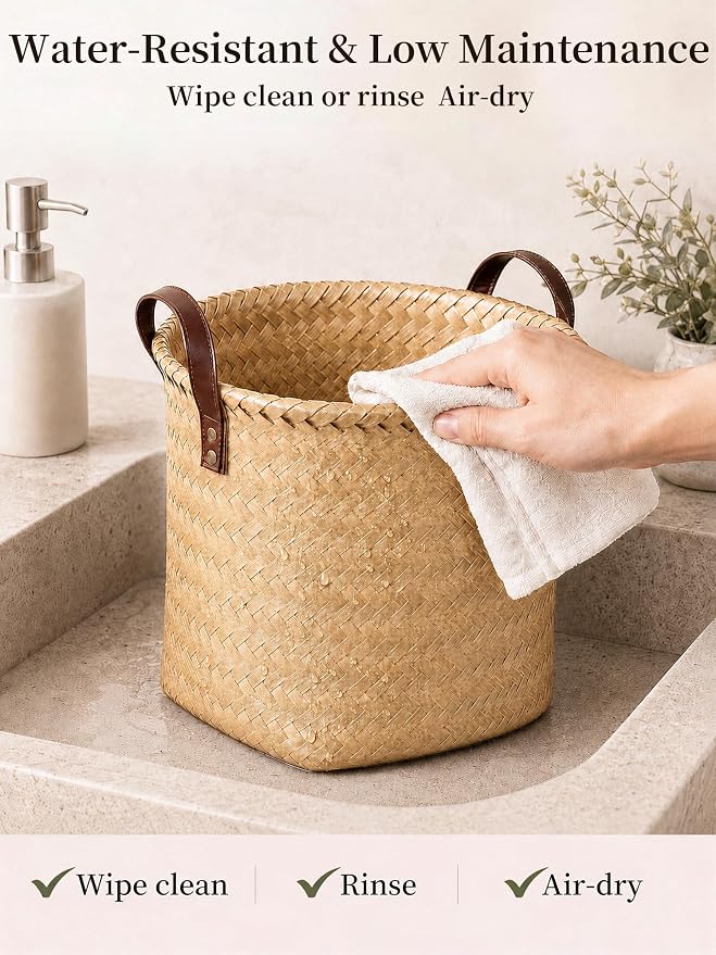 Wicker Storage Baskets, 4 Pack Woven Baskets for Shelves, Yellow | PP Rattan, Water-resistant Wicker Basket, Large Baskets with Faux Leather Handles for Blanket, Laundry Organizer, Room Decor - Image 7