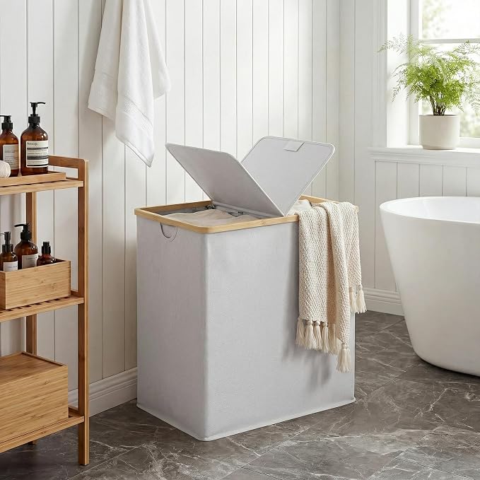 efluky Laundry Hamper with Lid, Double Laundry Basket with 2 Removable Bags, 2 Section Laundry Bin with Bamboo Handles for Bathroom, Bedroom & Laundry Room, 140L (36.9 Gallon) Light Grey - Image 8