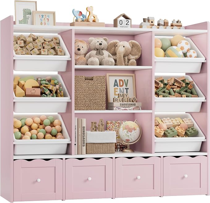 HITHOS 55" W Kids Toy Storage Organizer with 10 Toy Box & Book Shelf, Pink | Large Toy Organizers and Storage with Kids Bookshelf & 6 Plastic Toy Chests & 4 Movable Drawers for Kids Room, Playroom - Image 7