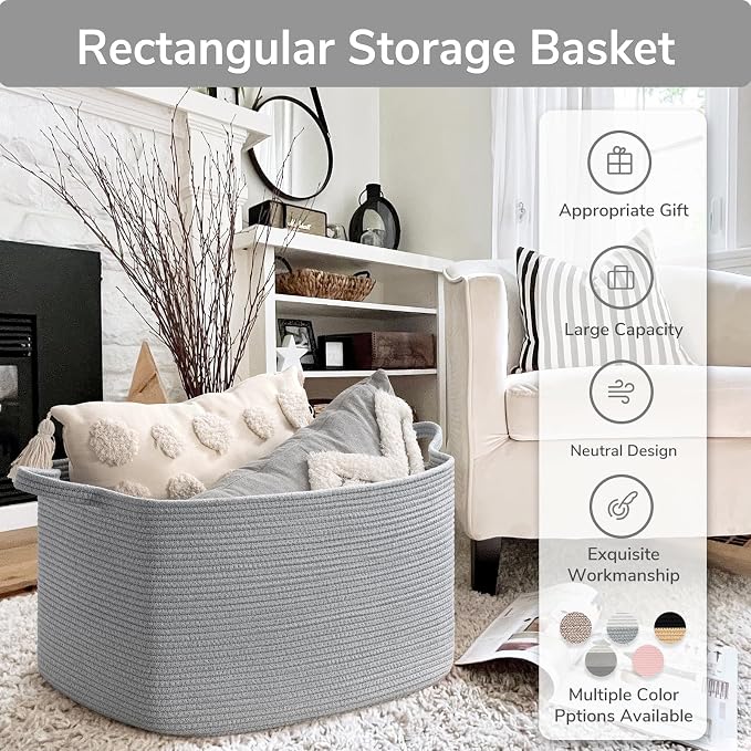 Goodpick Large Woven Rope Blanket Basket, Rectangle, Gray, 75L | 21.6'' x 14.9'' x 11.8'' Storage Basket for Toys, Blankets & Towels, Living Room & Nursery Organization, Reinforced Handles - Image 7