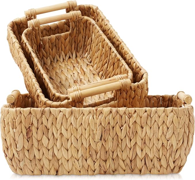 Casafield Set of 3 Water Hyacinth Oval Storage Baskets with Wooden Handles - Small, Medium, Large - Woven Nesting Basket Organizers - Image 7