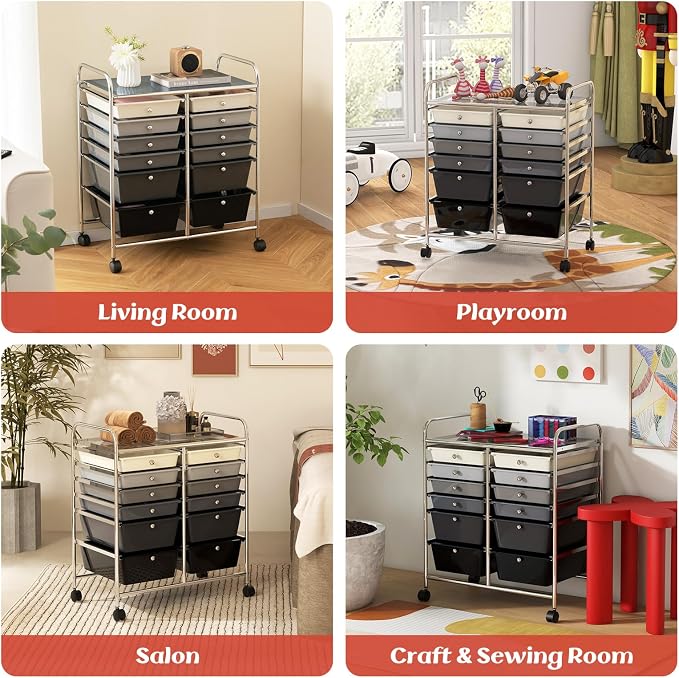 12 Drawer Rolling Storage Cart, Craft Cart Organizer on Wheels w/Metal Frame, Large Capacity & Smooth Drawer, Rolling Cart w/Drawers for Classroom, Office - Image 9