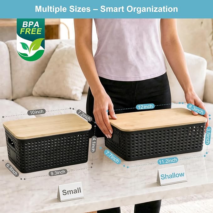 4 Pack Plastic Storage Bins with Bamboo Lids, 6.2qt Stackable Storage Organizer Box with Lable for Pantry Shelves Drawers Desktop Office, 12"L x 8.3"W x 3.5"H, Black - Image 9