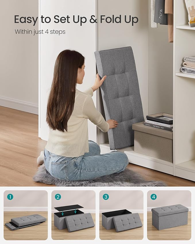 SONGMICS MAZIE Collection - 30 Inches Folding Storage Ottoman Bench, Ottoman Foot Rest, End of Bed Bench, Storage Chest, Load 660 lb, for Living Room, Bedroom, Entryway, Light Gray ULSF47G - Image 7