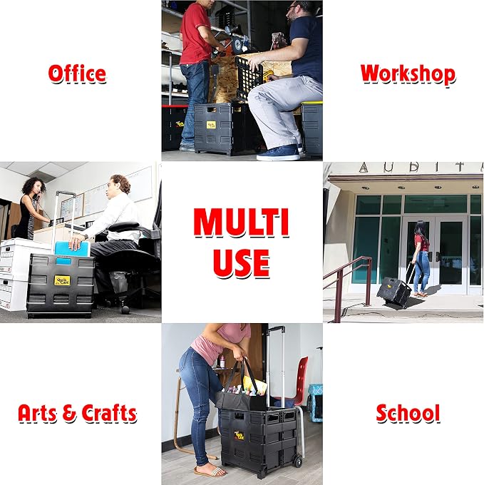 dbest Products Quik Cart Without Lid Collapsible Rolling Crate - Black | with Wheels, Roll Up to 80 lbs Capacity, Heavy Duty Plastic Construction, Telescoping Handle, Portable Handcart - Image 4