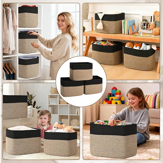 3 Pack Cube Storage Bin, 17”x12”x12” Cotton Rope Woven Baskets for Organizing Toys Clothes Towels, Square Gift Storage Baskets for Shelves, Nursery, Closet, Bathroom, Pantry (Black & Brown) - Image 8