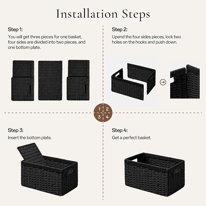 joybest Black Wicker Baskets for Shelves, Hand-woven Storage Baskets | 13L x 10W x 5H inch for Pantry, Kichen Organizing, Foldable Rectangular Bin with Handles, 4-pack - Image 7