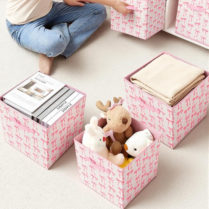 6 Pcs Pink Bow Cube Storage Bins 12.5 Inch Pink Storage Basket with Handle, Preppy Girls Organizer Basket, Collapsible Fabric Box for Classroom Bedrooms Office Home Decoration (Bow) - Image 6