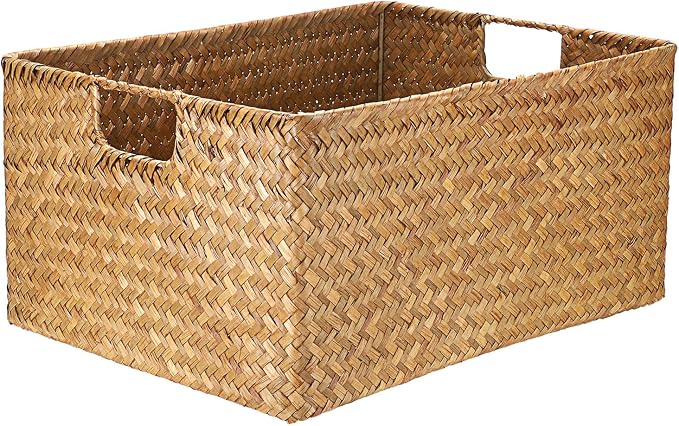 Hipiwe Seagrass Storage Baskets Bin for Shelf, X-Large Woven Wicker Basket | Rectangular Closet Bedroom Organizer Built-in Handles, Multipurpose Pantry Basket Bin, Caramel Color - Image 9