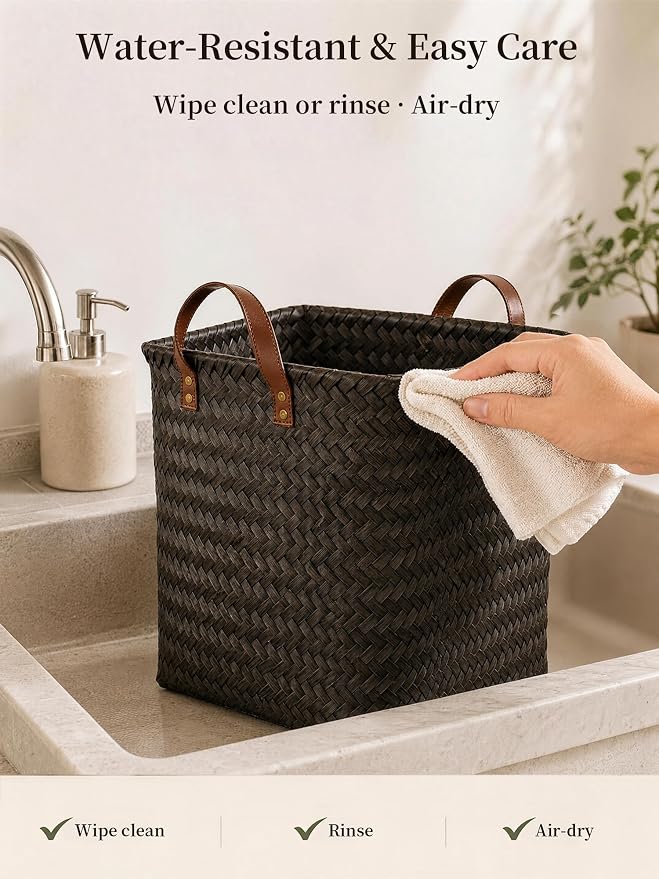 Wicker Storage Baskets, 4 Pack Woven Baskets for Shelves, Dark Gold | PP Rattan, Water-resistant Wicker Basket, Large Baskets with Faux Leather Handles for Blanket, Laundry Organizer, Room Decor - Image 7