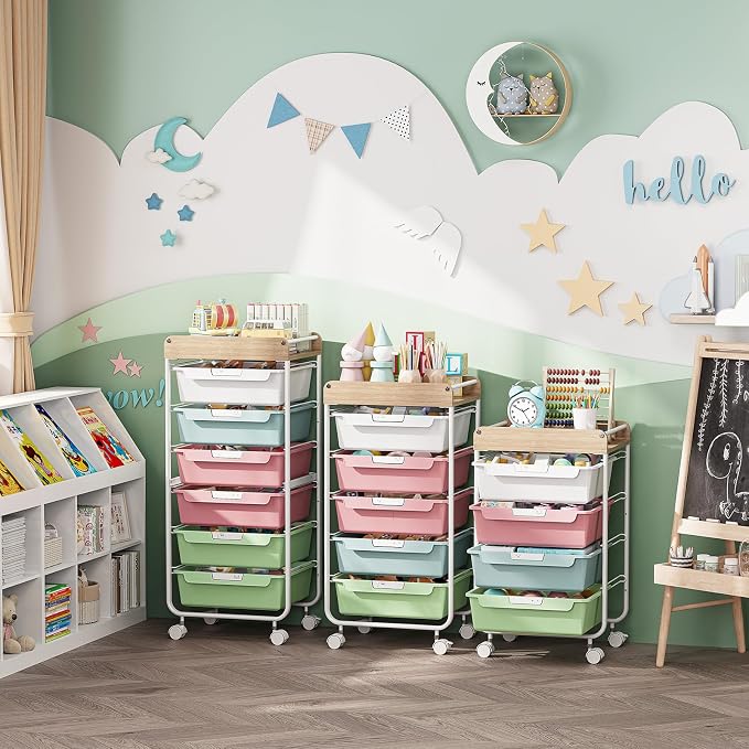 SYKIARIOL Rolling Storage Utility Cart with 5 Drawers,Colorful | Craft Cart with Wheels,Makeup Organizer,Art Supply And Storage Wooden Tabletop - Image 9