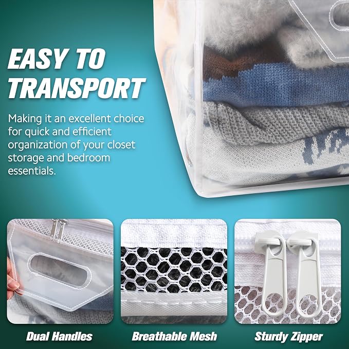 HIBAG 10 Gallon Large Storage Bag for Clothes, Zipper Clothing Storage Bag, Clear Organizer with Reinforced Handles, for Closet and Underbed Storage (4 Pack) - Image 7