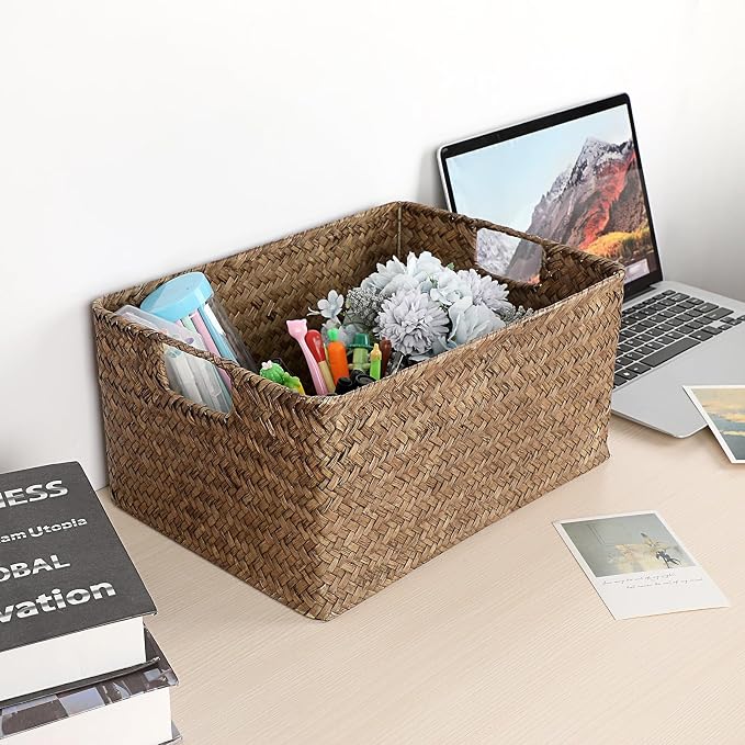 Hipiwe Wicker Storage Bin Handwoven Opened Baskets for Shelf Organizing | Rectangular Decorative Basket, Seagrass Closet Bedroom Organizer Bin Box Multipurpose Storage Basket with Handle - Image 7