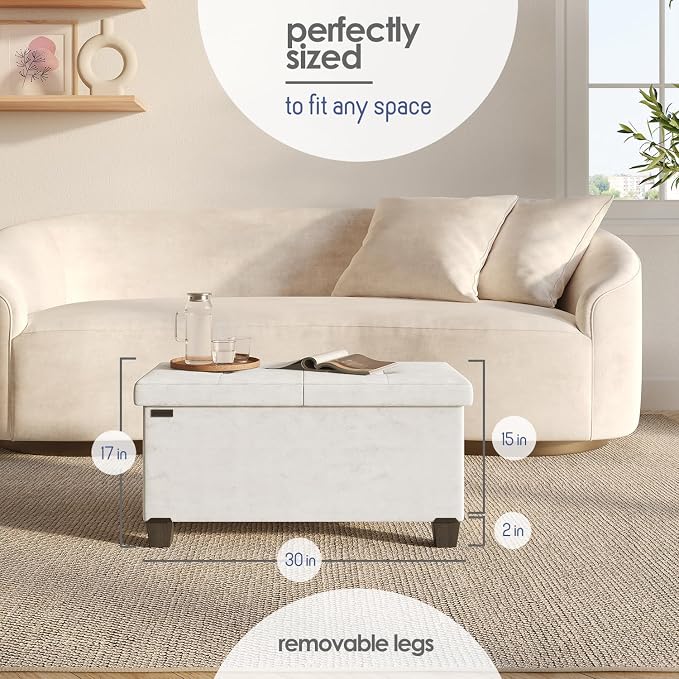 Storage Ottoman Bench with Bins, 30-in Storage Bench for Bedroom End of Bed, Folding Foot Rest Ottoman for Living Room Max 660lbs, Velvet Ottomans, Cream - Image 9