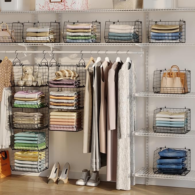 6 Tier Closet Hanging Organizer, Clothes Hanging Shelves with 4 Hanging Hooks 5 S Hooks, Wire Storage Basket Bins, for Clothing Sweaters Shoes Handbags Clutches Accessories Patent Design-Black - Image 9