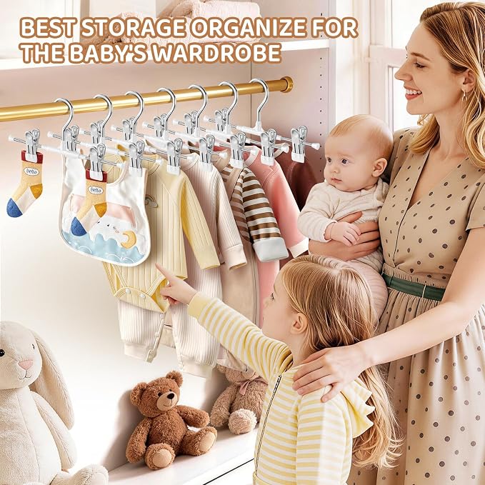 HUADYMEET 10 Inch Kids Pants Skirt Hangers with Clips,Toddler,White,30 Pack | Space Saving,Adjustable,Non Slip,Metal Hanger for Closet Organization Jeans Shorts,For Baby,Toddler,Children - Image 6