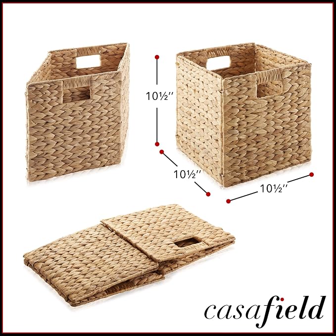 Casafield 10.5" x 10.5" Water Hyacinth Storage Baskets, Natural - Set of 2 Collapsible Cube Organizers, Woven Bins for Bathroom, Bedroom, Laundry, Pantry, Shelves - Image 7