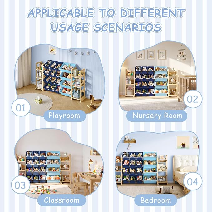 EXPERLAM Extra Large Toy Storage - Toy Storage Organizer, Wooden Toy Organizer with 6 Side Shelves and 16 Bins, 3-in-1 Bookshelf for Kids Rooms, Playroom, Nursery, Blue - Image 9