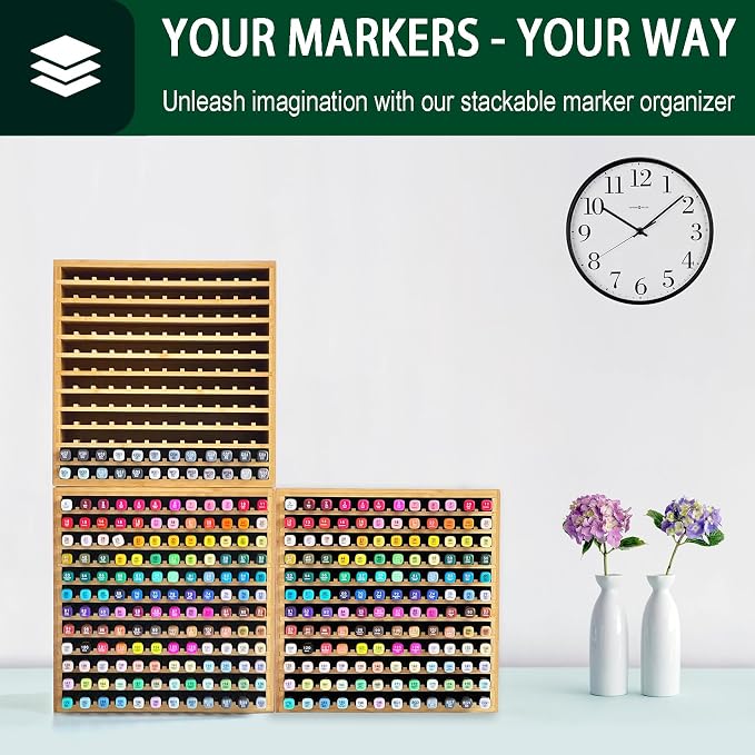 MinBoo Marker Organizer for 144 Markers, Bamboo Art Supply Storage Organizer Rack, Art Markers Pens Colored Pencils Paint Brushes Stationary Organizer Holder for Home Classroom Office Desk Decor - Image 6