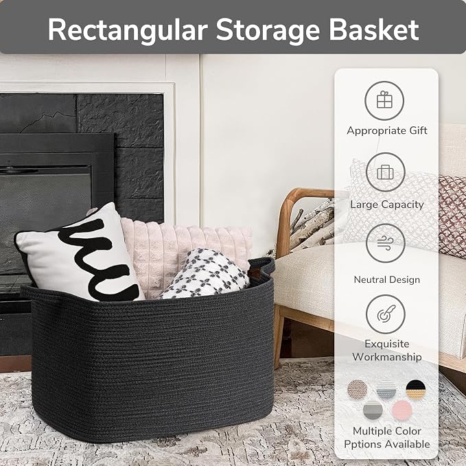 Goodpick 85L Large Woven Rope Blanket Basket, Rectangle, Black | 23.6'' x 15.7'' x 13.8'' Storage Basket for Blankets, Pillows & Toys, Living Room & Bedroom Organization, Reinforced Handles - Image 7