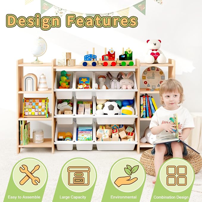 MallBest 57" Extra Wide Toy Storage Organizer and Kids Bookshelf, Solid Pine Wood Frame Playroom Organizer with 9 Bins, 4-Tier Toy Organizer for Kids Room, Nursery and Bedroom, Natural - Image 7
