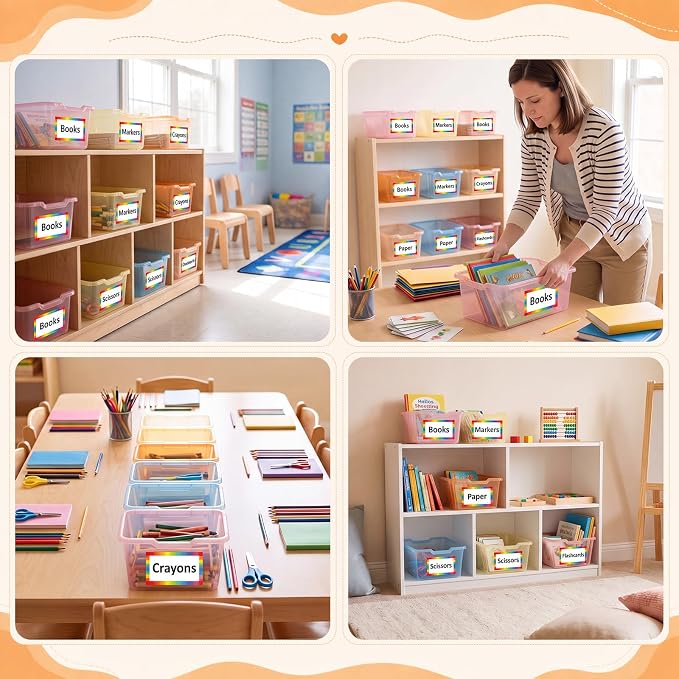 Funrous 12 Pack Plastic Cubby Bins for Classroom, Stackable Storage Bins with Rainbow Labels and Handles Cubby Organizer Containers for Teacher Supplies Home Office Daycare and Playroom (Orange) - Image 7