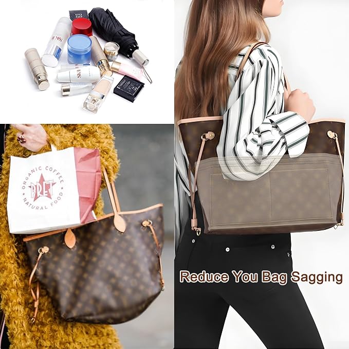 Purse Organizer Insert for Handbags & Base Shaper 2pc Set, Felt Neverfull MM Organizer Insert, Tote Bag Organizer with Zipper Pocket and Bottle Holder, Fit Speedy 30 Neverfull MM and More,Beige-L - Image 9