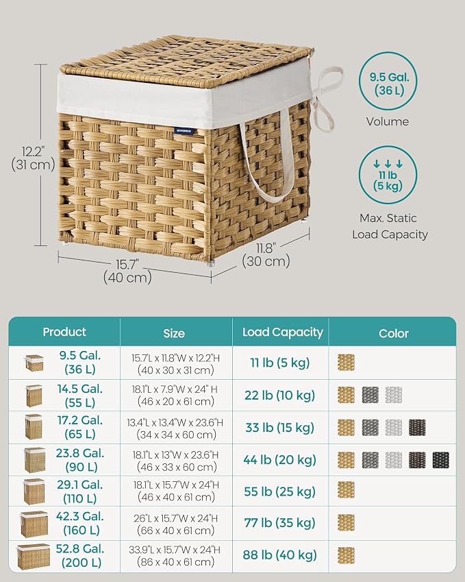 SONGMICS Laundry Hamper with Lid, 9.5 Gal (36 L) Synthetic Rattan,Foldable | Clothes Laundry Basket with Handles, Removable Liner, Goose Yellow, ELIOTT Collection ULCB136Y01 - Image 6
