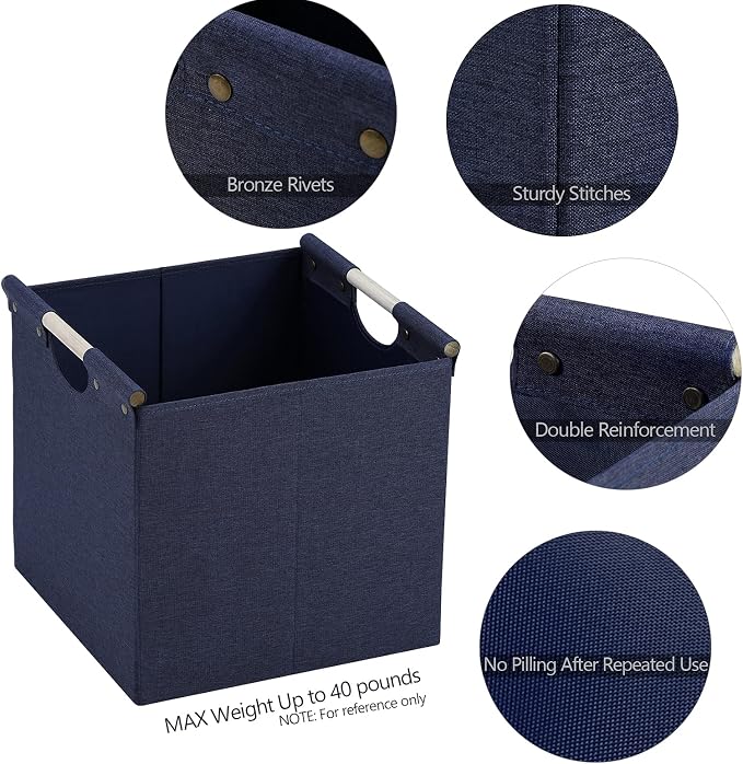 HOONEX Collapsible Storage Bins, 12x12x12in Storage Cubes Linen Fabric, 3 Pack, Storage Baskets with Wooden Carry Handles and Sturdy Heavy Cardboard, for Home, Office, Car, Nursery, Blue - Image 7