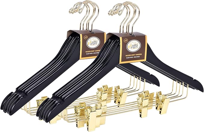Quality Wooden Skirt Hangers with Clips, 10-Pack Smooth Solid Wood Pants Hangers with Durable Adjustable Metal Clips, Swivel Hook, Coat, Jacket, Blouse Suit Hangers (Black - Gold Hook, 10) - Image 9