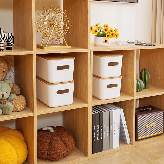 Citylife Storage Bins with Bamboo Lids 7QT Plastic Storage Containers Stackable Organizer Boxes with Handle for Desk Snacks, Toys, 4 PCS, 10" L x 7" W x 5.8" H - Image 9
