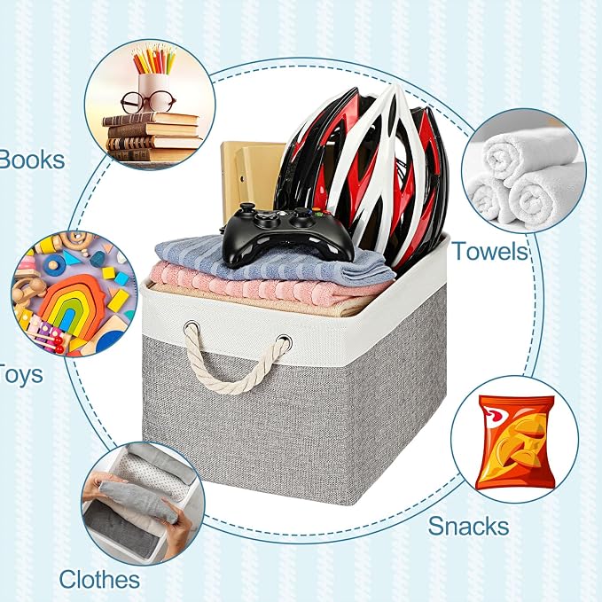 meekoo 8 Pack Collapsible Storage Bins Fabric Storage Bins Polyester Fabric Baskets with Handles Linen Closet Organizer for Shelf Home Closet Towels Toys(15 x 11 x 9.5 in,Gray White) - Image 7