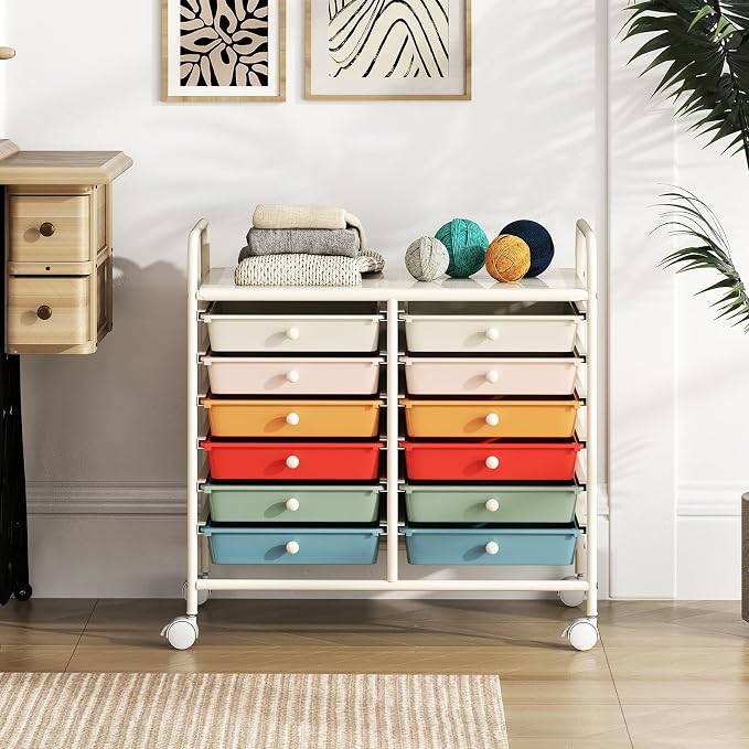 RELAX4LIFE 12-Drawer Rolling Storage Cart - Mobile Utility Cart on Wheels for School Classroom Teacher Office Salon, Paper File Art Supply Craft Organizer, Rolling Cart with Drawers (Macaron) - Image 9