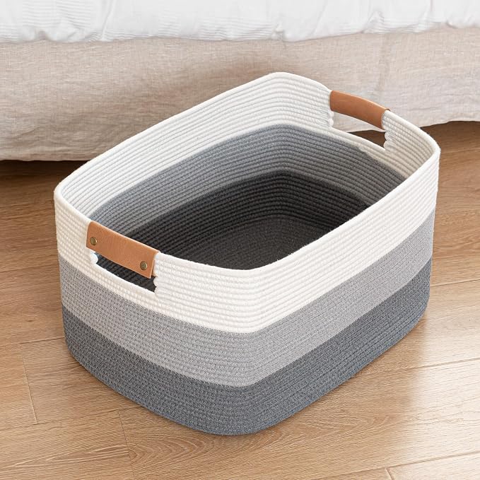 Rectangle Blanket Storage Basket, 50L Large Decorative Basket Living Room, Storage Bin with Handle, Woven Rope Hamper for Toy Organizing & Laundry, 18.11’’*14.17’’*11.81’’ Gradient Grey - Image 9