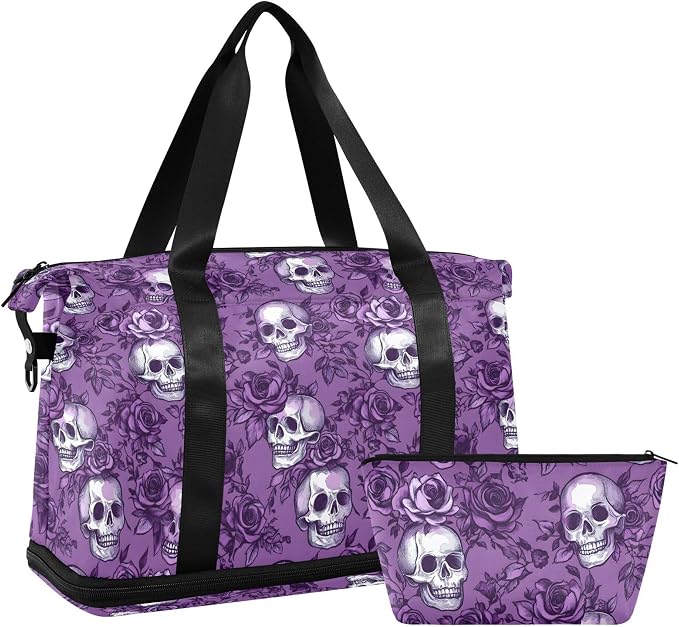 Travel Duffel Tote Bag Purple Rose Skull Sports Duffel Bag with Wet Pocket Weekender Overnight Bag for Women Men Gym Bag, Carry On Bag Hospital Bag for Labor and Delivery - Image 7