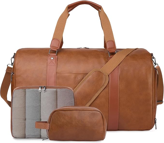 Large 3-in-1 Leather Duffle Bag for Travel Weekender Overnight Hospital Gym Bag for Men & Women, Carry On Airline Approved Personal Item Duffel Garment Bag Luggage with Shoe Compartment & Toiletry Bag - Image 10