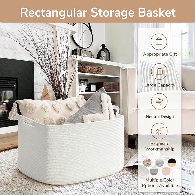 Goodpick Large Woven Rope Blanket Basket, Rectangle, White, 75L | 21.6'' x 14.9'' x 11.8'' Storage Basket for Blankets & Toys, Living Room, Bedroom & Nursery Organization, Reinforced Handles - Image 7