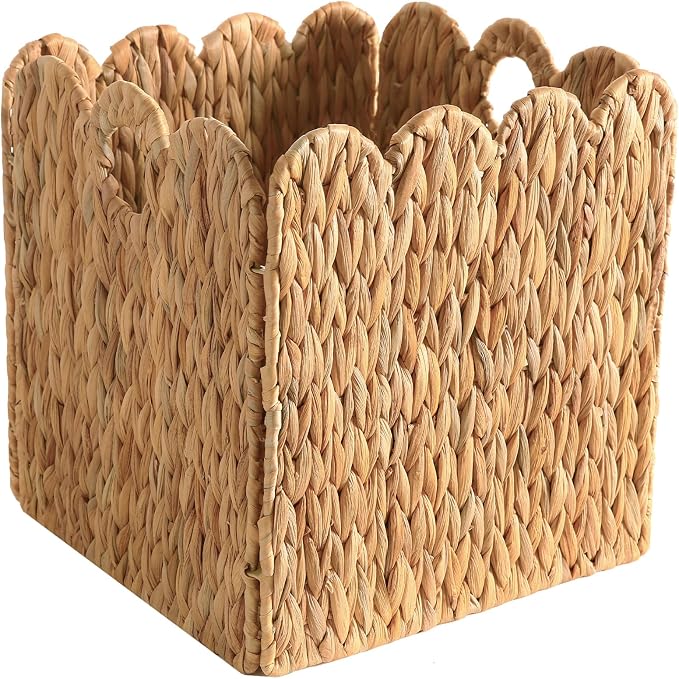 Scalloped Wicker Storage Cubes Basket, 12”x12“ Heavy Duty Paper rope/Hyacinth/Seagrass Baskets for Shelves, Foldable Natural Boho Square Bins (Water Hyacinth&10.5 x 10.5 x 10.5in&4-Pack) - Image 9