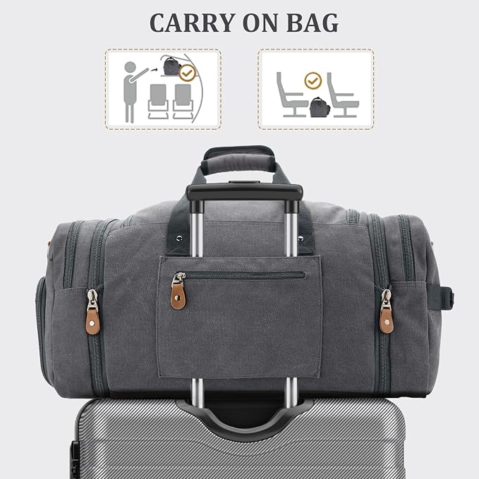 Gonex Canvas Duffle Bag, Expandable 60L Travel Overnight Weekender Bag | for Men, with Shoe Compartment, Multiple Pockets, Tear-Resistant, Durable Zippers, Detachable Strap, Gray - Image 7
